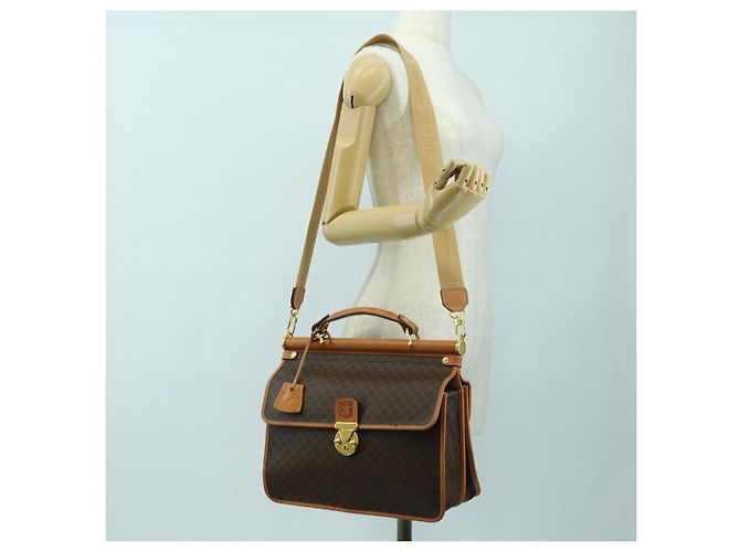 Céline Borsa CELINE Macadam Canvas PVC Pelle 2way Marrone Oro Auth am11580V D'oro - vista 29