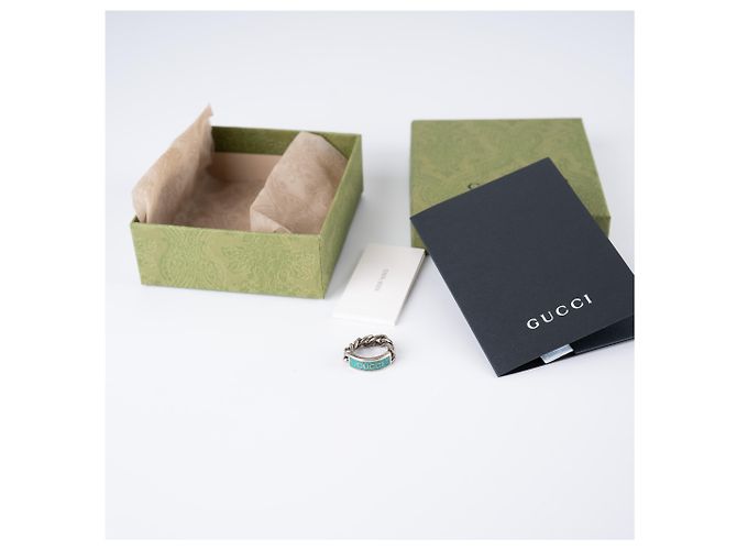 Gucci Logo Emaille Gliederkette Ring Sterlingsilber Türkisblau Damen US 7 - Ansicht 2