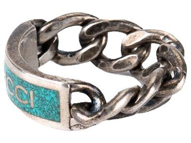 Gucci Logo Emaille Gliederkette Ring Sterlingsilber Türkisblau Damen US 7 - Ansicht 3