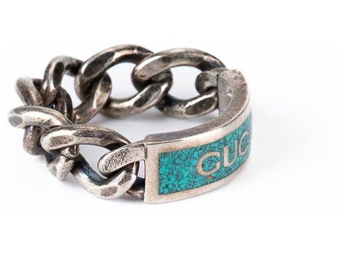 Gucci Logo Emaille Gliederkette Ring Sterlingsilber Türkisblau Damen US 7 - Ansicht 6