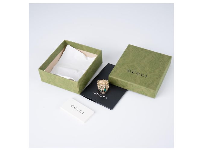 Anello Gucci Lion Head Oro Invecchiato Ottone Cristallo Verde Uomo US 8.5 - vista 2
