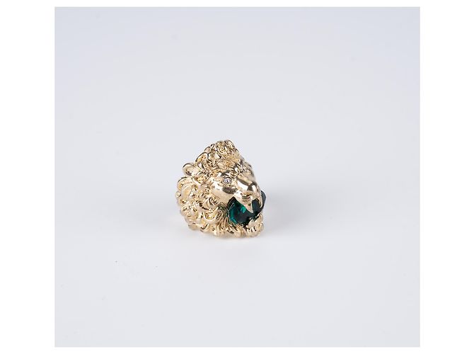 Anello Gucci Lion Head Oro Invecchiato Ottone Cristallo Verde Uomo US 8.5 - vista 3