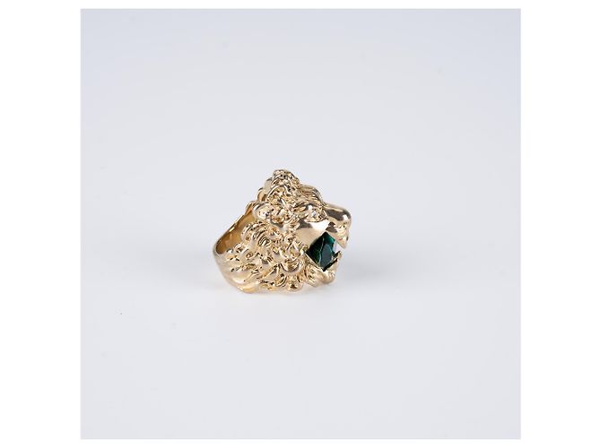 Anello Gucci Lion Head Oro Invecchiato Ottone Cristallo Verde Uomo US 8.5 - vista 4