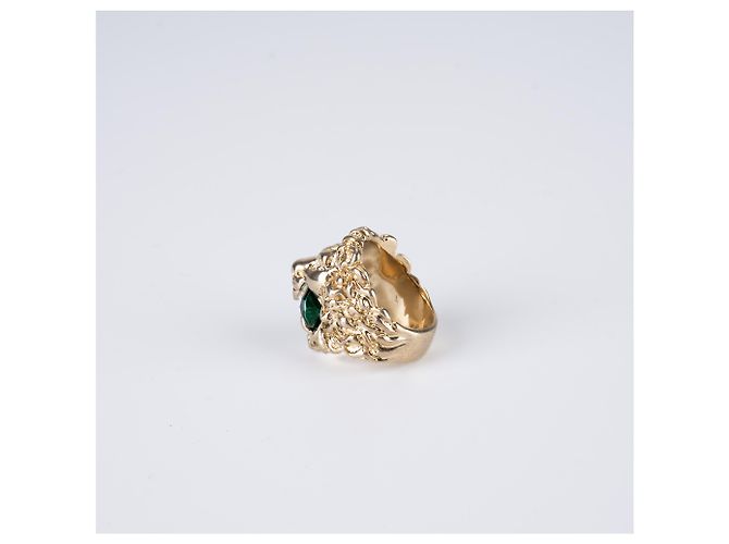 Anello Gucci Lion Head Oro Invecchiato Ottone Cristallo Verde Uomo US 8.5 - vista 6