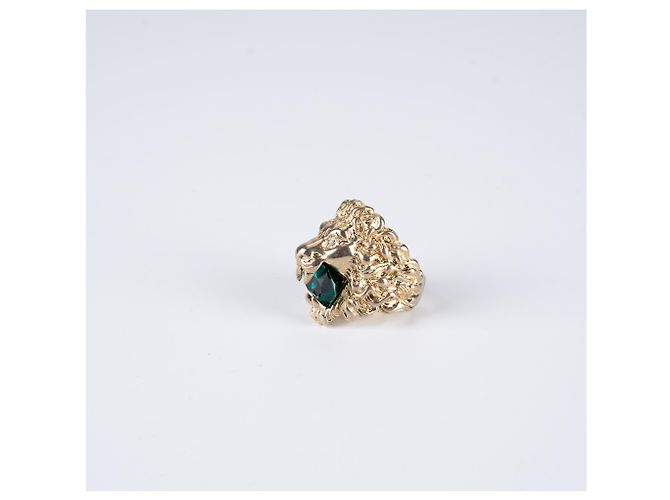 Anello Gucci Lion Head Oro Invecchiato Ottone Cristallo Verde Uomo US 8.5 - vista 7