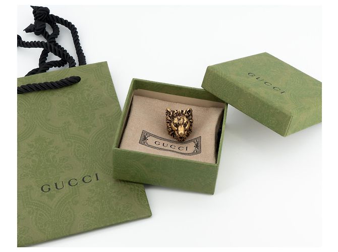 Anello Gucci Lion Head con Cristallo in Ottone Oro Invecchiato Nero Uomo US 6.5 D'oro - vista 2