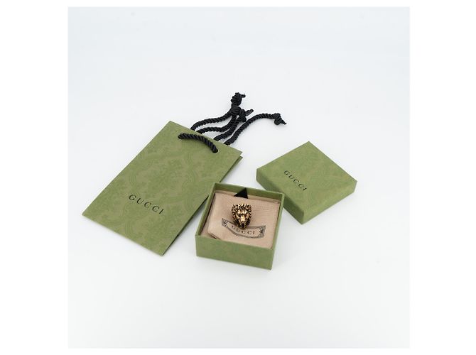 Anello Gucci Lion Head con Cristallo in Ottone Oro Invecchiato Nero Donna US 6.5 D'oro - vista 2