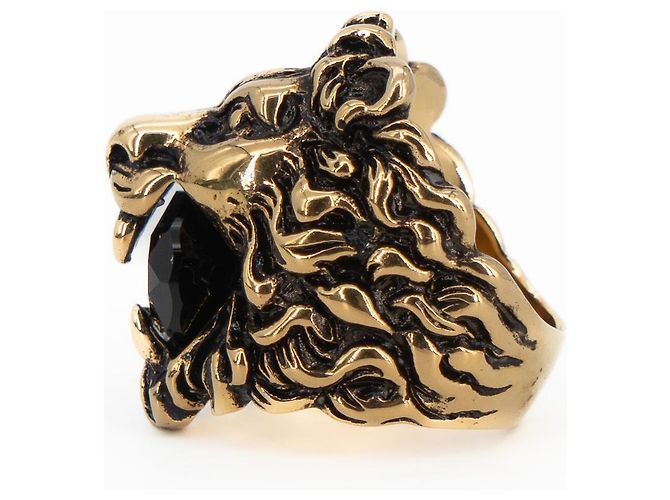 Anello Gucci Lion Head con Cristallo in Ottone Oro Invecchiato Nero Donna US 6.5 D'oro - vista 3