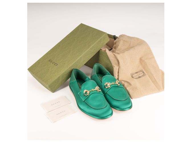 Mocassini Gucci Brixton Crystal Horsebit in raso di seta verde da donna EU 36.5 - vista 2