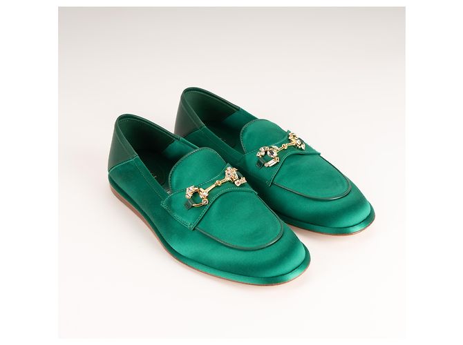 Mocassini Gucci Brixton Crystal Horsebit in raso di seta verde da donna EU 36.5 - vista 6