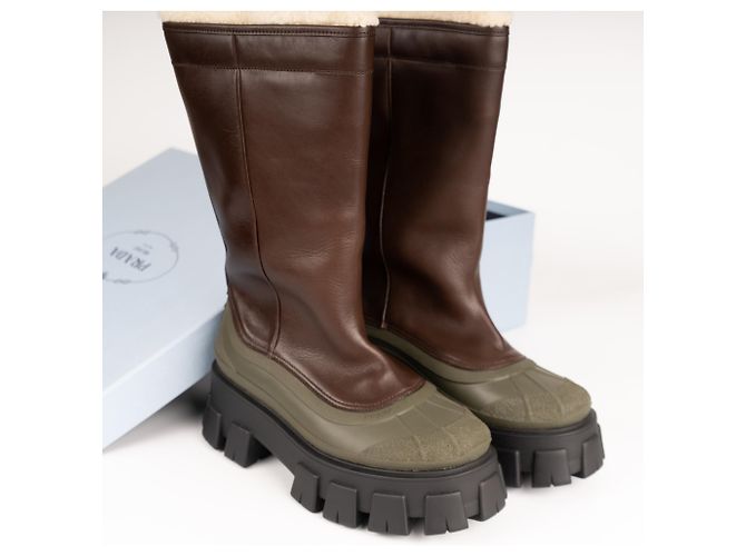 Botas de cuero con forro de shearling Monolith Prada Bruciato Brown Mujer EU 37 Castaño Verde oliva - vista 2