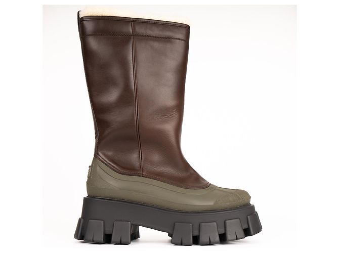 Botas de cuero con forro de shearling Monolith Prada Bruciato Brown Mujer EU 37 Castaño Verde oliva - vista 3