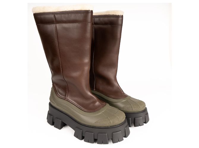 Botas de cuero con forro de shearling Monolith Prada Bruciato Brown Mujer EU 37 Castaño Verde oliva - vista 6