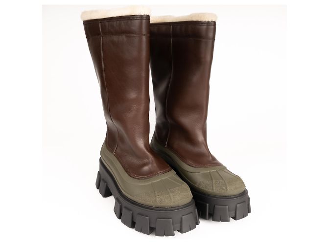Botas de cuero con forro de shearling Monolith Prada Bruciato Brown Mujer EU 37 Castaño Verde oliva - vista 7