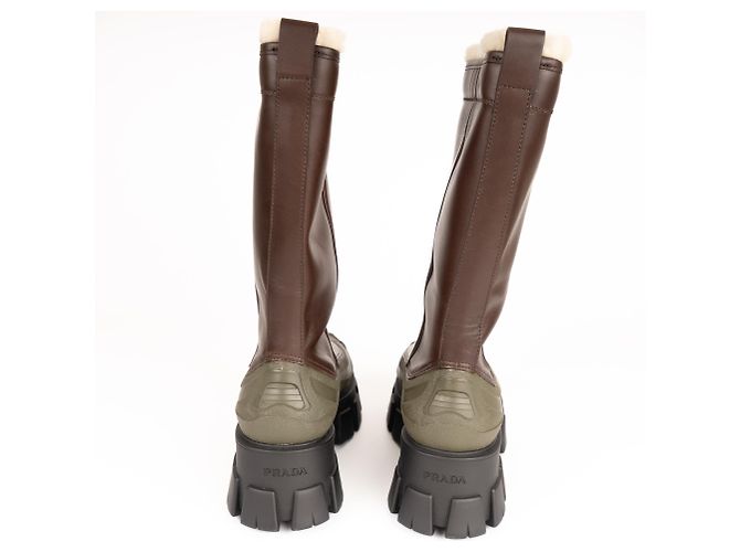 Botas de cuero con forro de shearling Monolith Prada Bruciato Brown Mujer EU 37 Castaño Verde oliva - vista 9