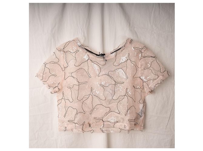 Crop top in mesh trasparente floreale con paillettes Blumarine Rosa Nero Donna L - vista 2