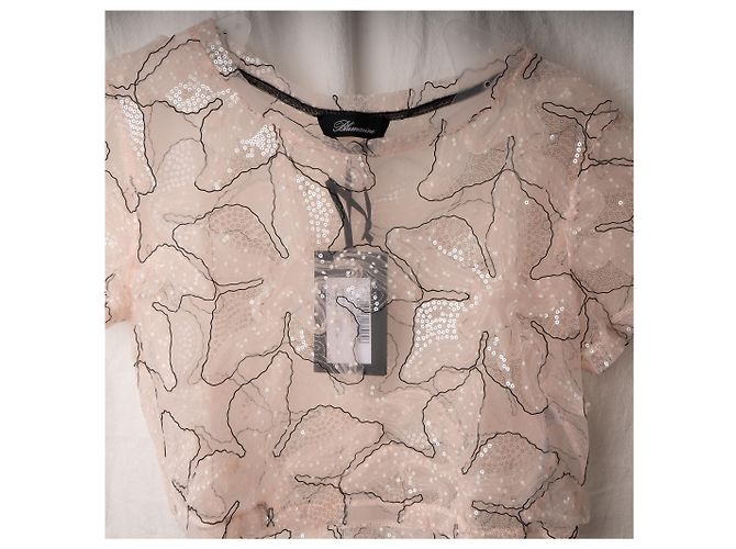 Crop top in mesh trasparente floreale con paillettes Blumarine Rosa Nero Donna L - vista 4
