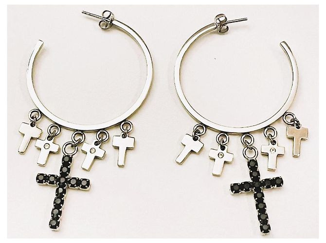 Orecchini a cerchio Dolce & Gabbana con croci e cristalli Nero Silver hardware - vista 8