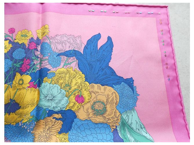 Hermès "Robe Légère" handgestickter Seidenschal Gavroche 45 Pink Blau Grün Roh Lila Gelb - Ansicht 2