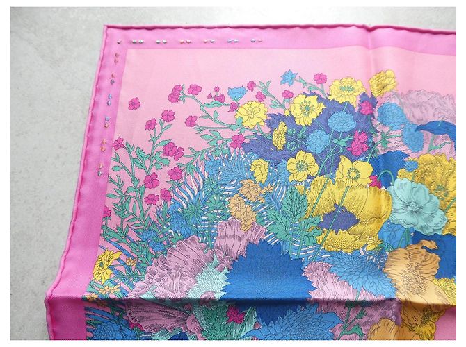Hermès "Robe Légère" handgestickter Seidenschal Gavroche 45 Pink Blau Grün Roh Lila Gelb - Ansicht 3