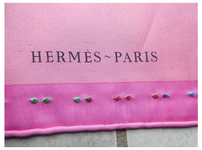 Hermès "Robe Légère" handgestickter Seidenschal Gavroche 45 Pink Blau Grün Roh Lila Gelb - Ansicht 6