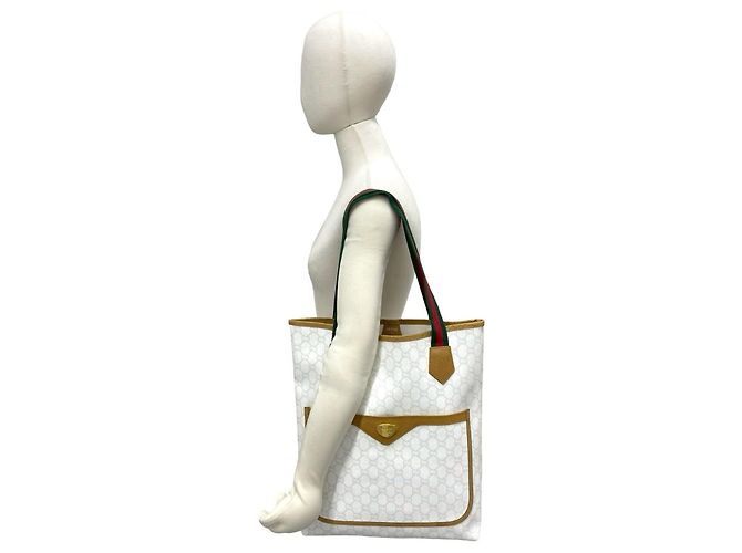 Gucci Vintage Sherry Line Ledertote Bag Weiß Rot Beige Grün - Ansicht 2