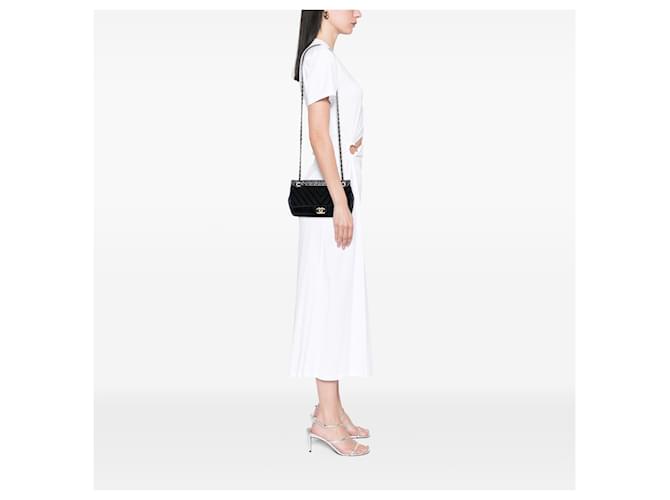 Chanel Black Chevron Python Embossed Calfskin and Suede Single Flap Nero - vista 7