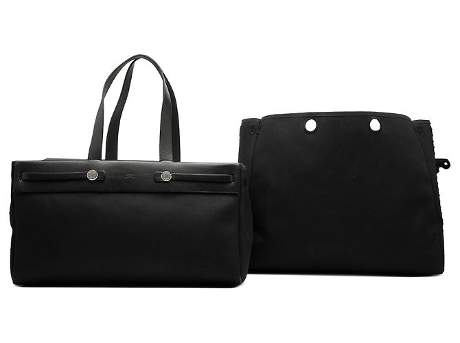 Hermès Black Toile and Vache Hunter Herbag Cabas MM Nero - vista 8