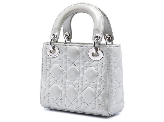 Lady Dior Mini aus irisierendem silbernem Lammleder Cannage Dior - Ansicht 2