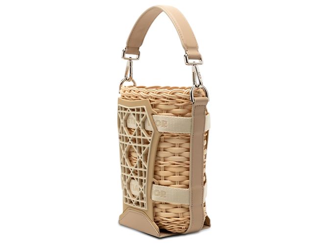 Borsa bucket cesta Sahara in rafia e pelle marrone Dior Beige - vista 2