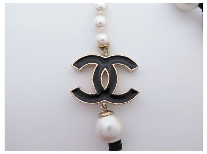 NUOVO COLLANA CHANEL LOGO CC EMAIL NERO PERLE & METALLO DORATO 49 CM D'oro - vista 5