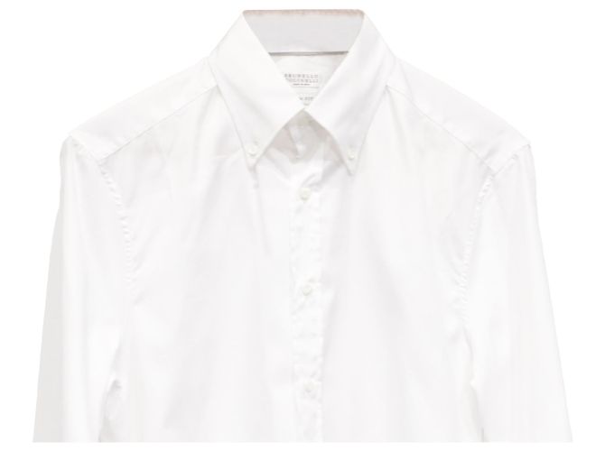 Brunello Cucinelli Solid Slim Fit Button-Down Shirt in White Cotton Cream - view 2
