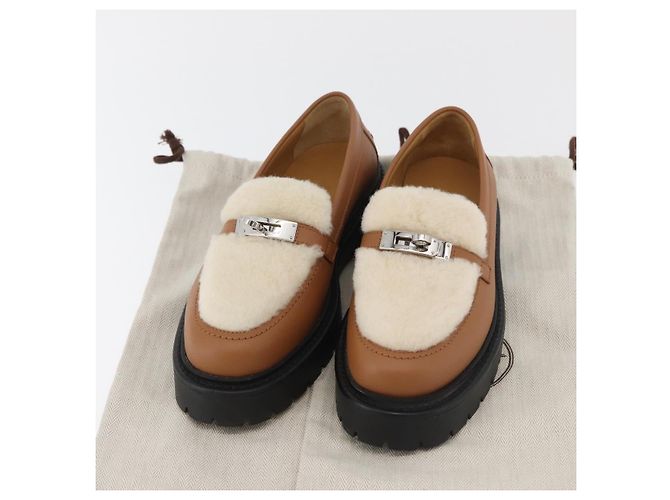 Hermès HERMES Kelly Cintura Mocassini Scarpe Pelle Marrone Argento Auth BA12632V - vista 38