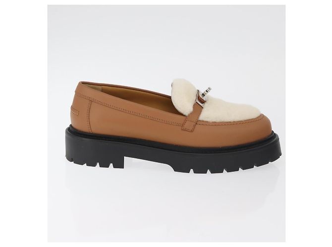 Hermès HERMES Kelly Cintura Mocassini Scarpe Pelle Marrone Argento Auth BA12632V - vista 4