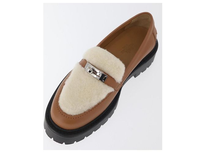 Hermès HERMES Kelly Cintura Mocassini Scarpe Pelle Marrone Argento Auth BA12632V - vista 6
