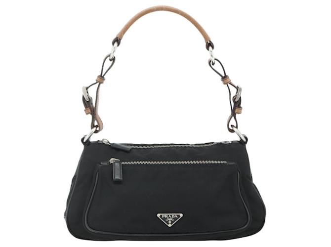 Borsa a tracolla PRADA Nylon e pelle nera argento Auth mr2443A Nero - vista 13