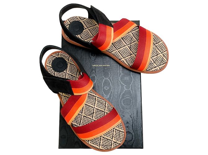 Sandali Dries van Noten in scamosciato arancione / ruggine e tela a righe - vista 6