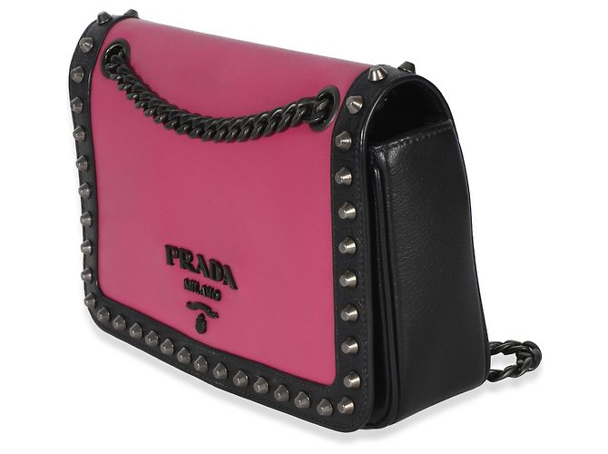 Prada Black Pink Calfskin Glace Studded Chain Flap Negro Rosa - vista 3
