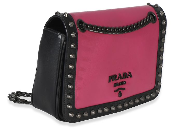 Prada Black Pink Calfskin Glace Studded Chain Flap Negro Rosa - vista 4
