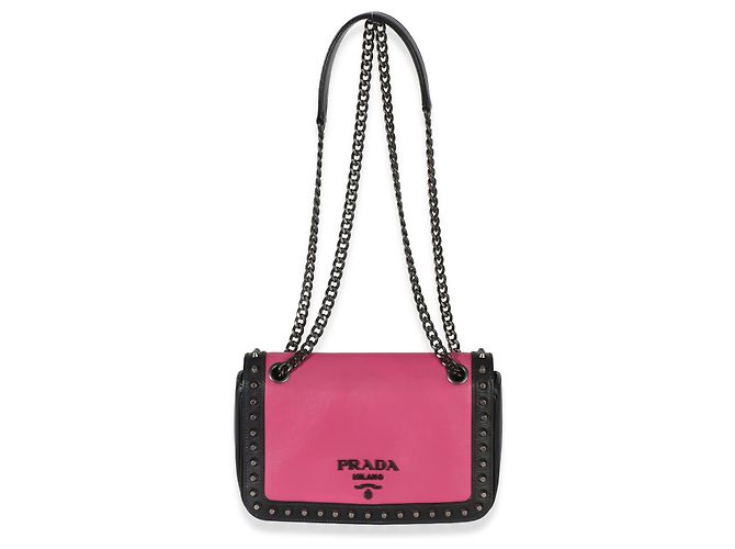Prada Black Pink Calfskin Glace Studded Chain Flap Negro Rosa - vista 5