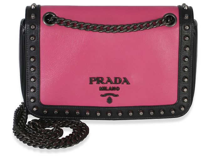 Prada Black Pink Calfskin Glace Studded Chain Flap Negro Rosa - vista 8