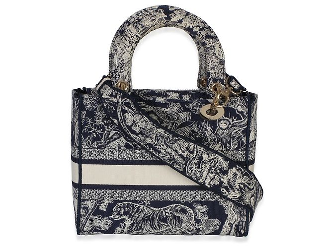 Christian Dior Navy Canvas Toile De Jouy Ricamato Medium Lady D-Lite Blu - vista 2