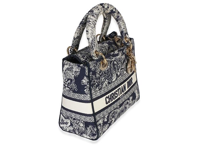 Christian Dior Navy Canvas Toile De Jouy Ricamato Medium Lady D-Lite Blu - vista 3