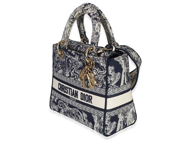 Christian Dior Navy Canvas Toile De Jouy Ricamato Medium Lady D-Lite Blu - vista 4