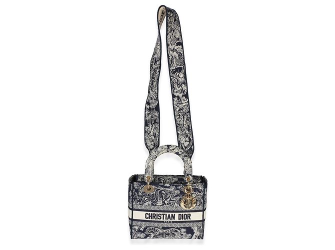 Christian Dior Navy Canvas Toile De Jouy Ricamato Medium Lady D-Lite Blu - vista 5