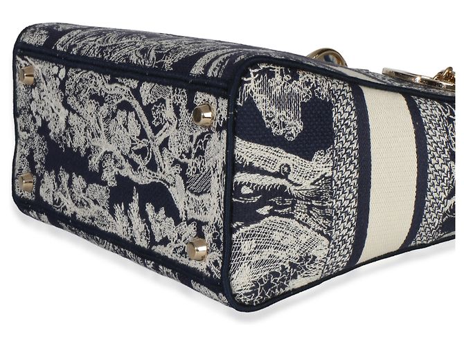 Christian Dior Navy Canvas Toile De Jouy Ricamato Medium Lady D-Lite Blu - vista 6