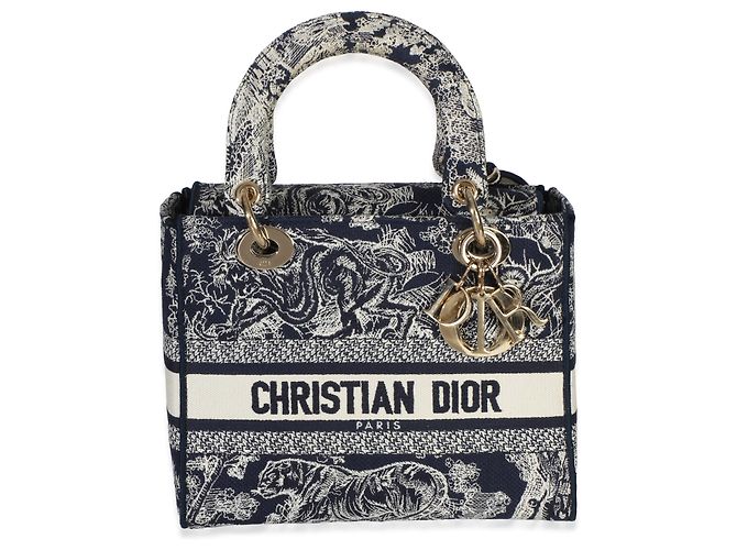 Christian Dior Navy Canvas Toile De Jouy Ricamato Medium Lady D-Lite Blu - vista 8