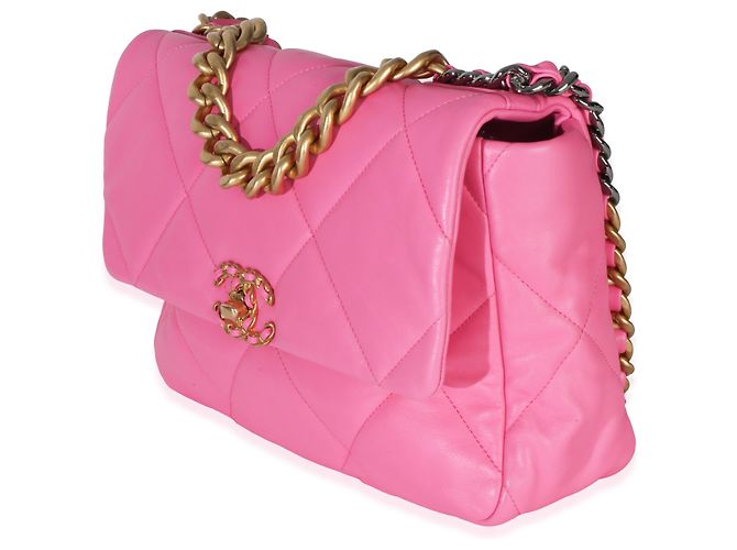 Chanel 19 Flap Bag aus rosa gestepptem Lammleder, Größe Large Pink - Ansicht 3