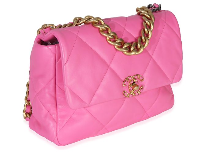 Chanel 19 Flap Bag aus rosa gestepptem Lammleder, Größe Large Pink - Ansicht 4