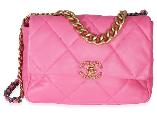 Chanel 19 Flap Bag aus rosa gestepptem Lammleder, Größe Large Pink - Ansicht 8